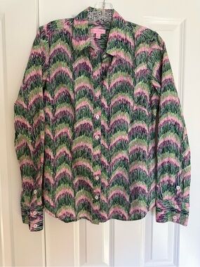 Lilly Pulitzer Pink Green Navy Paintstroke Button-Up